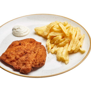 Sanjacobo con patatas fritas y alioli